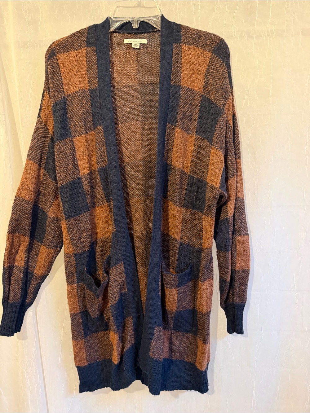 American Eagle Outfitters Wool Blend M Plaid Open-Front Cardigan - Brown & Navy